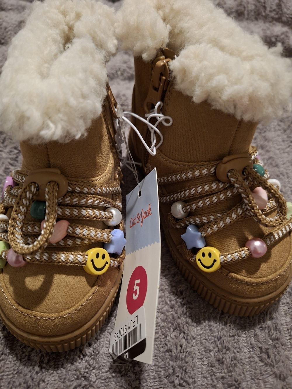 Kids Tan Faux-Shearling Winter Boots with Beaded Accents(S0127)